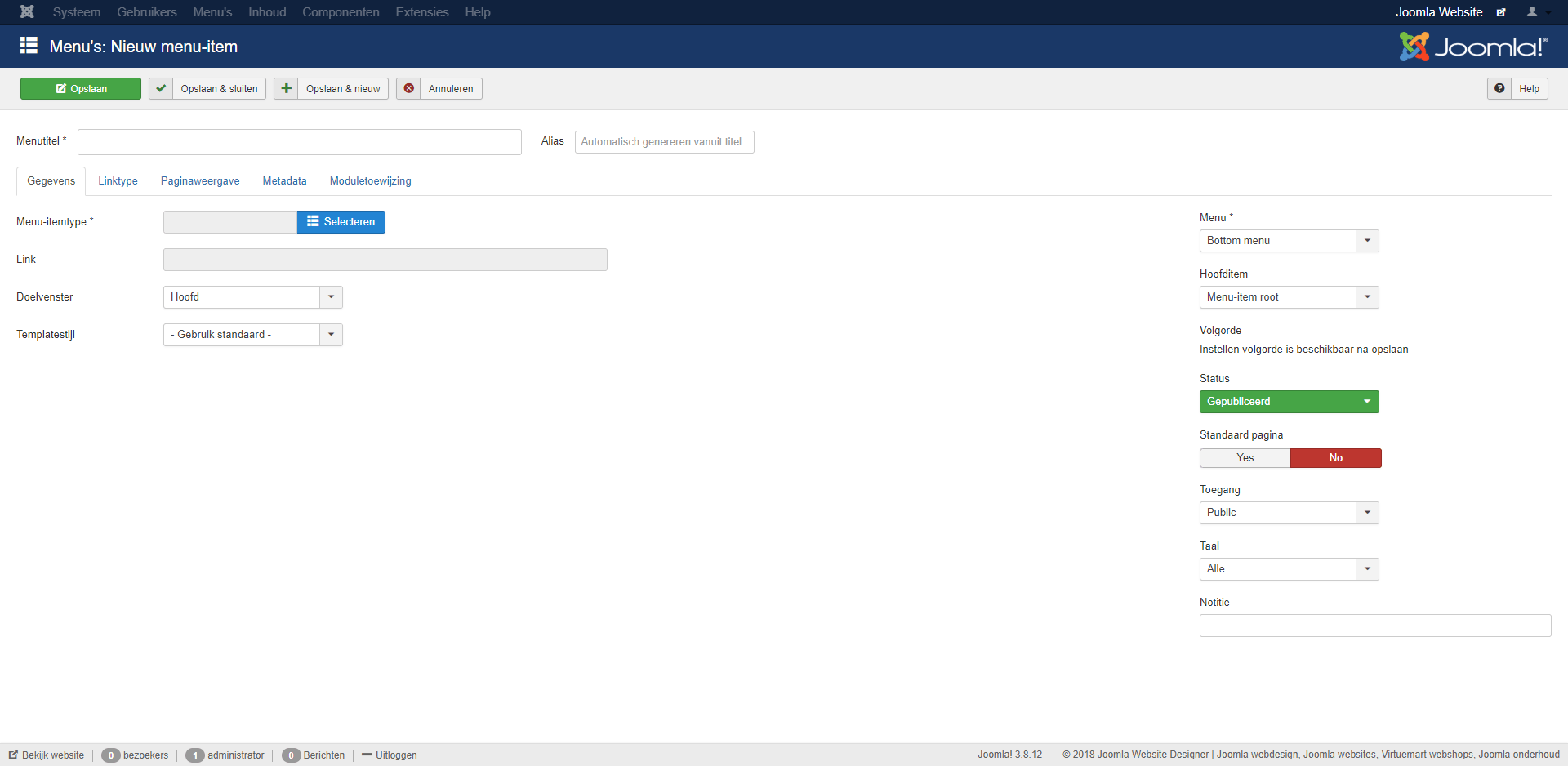 joomla nieuw menu item